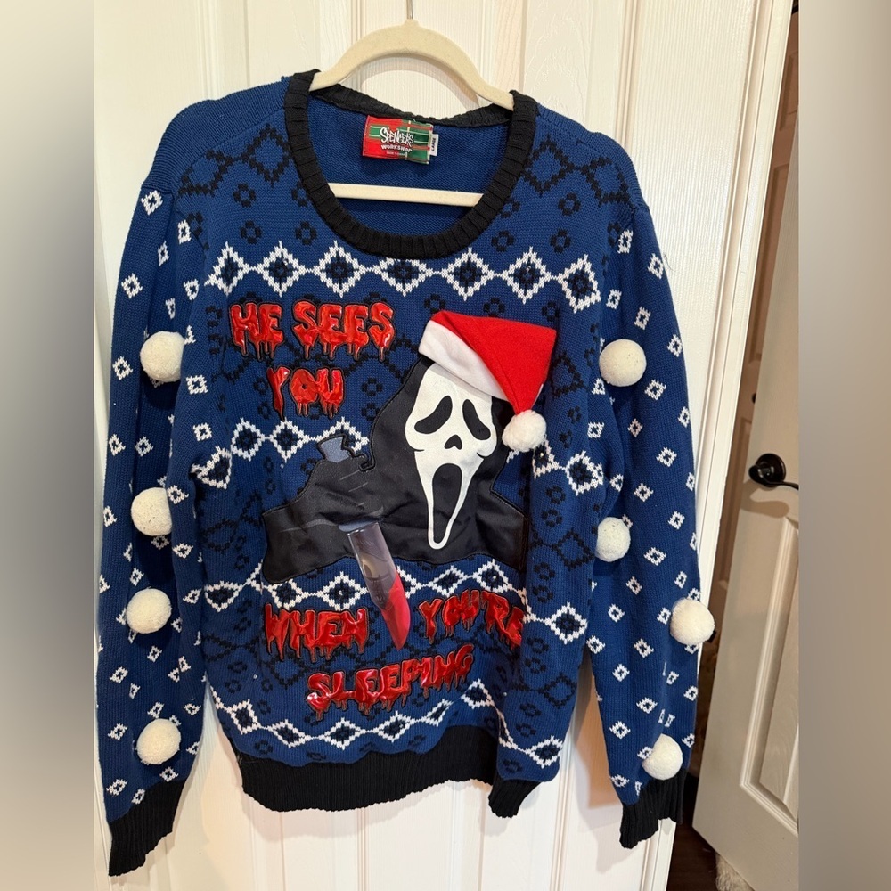 Spencer's Blue Scream Ghost Face Santa LED Knit Crewneck Sweater Large NWT - Picture 4 of 6